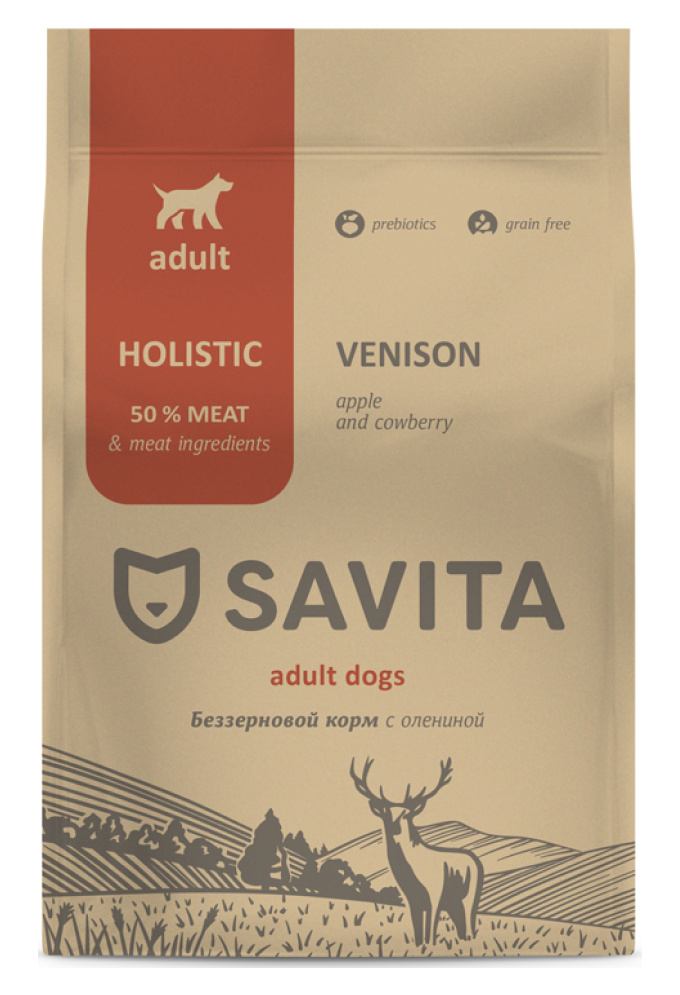Корм SAVITA беззерновой корм для взрослых собак с олениной (10 кг) SAVITA Корм SAVITA беззерновой корм для взрослых собак с олениной (10 кг) - фото 1