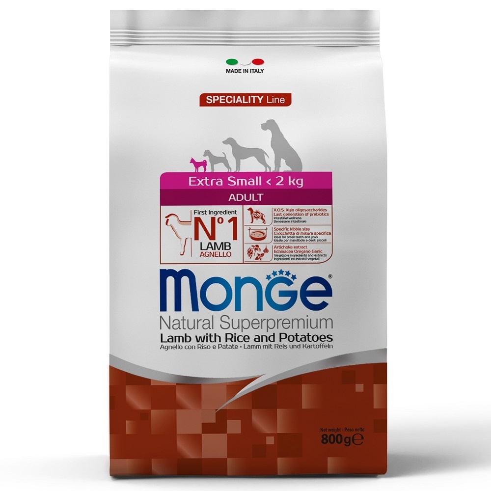 

Корм Monge сухой корм для взрослых собак миниатюрных пород, с ягнёнком, рисом и картофелем (800 г)