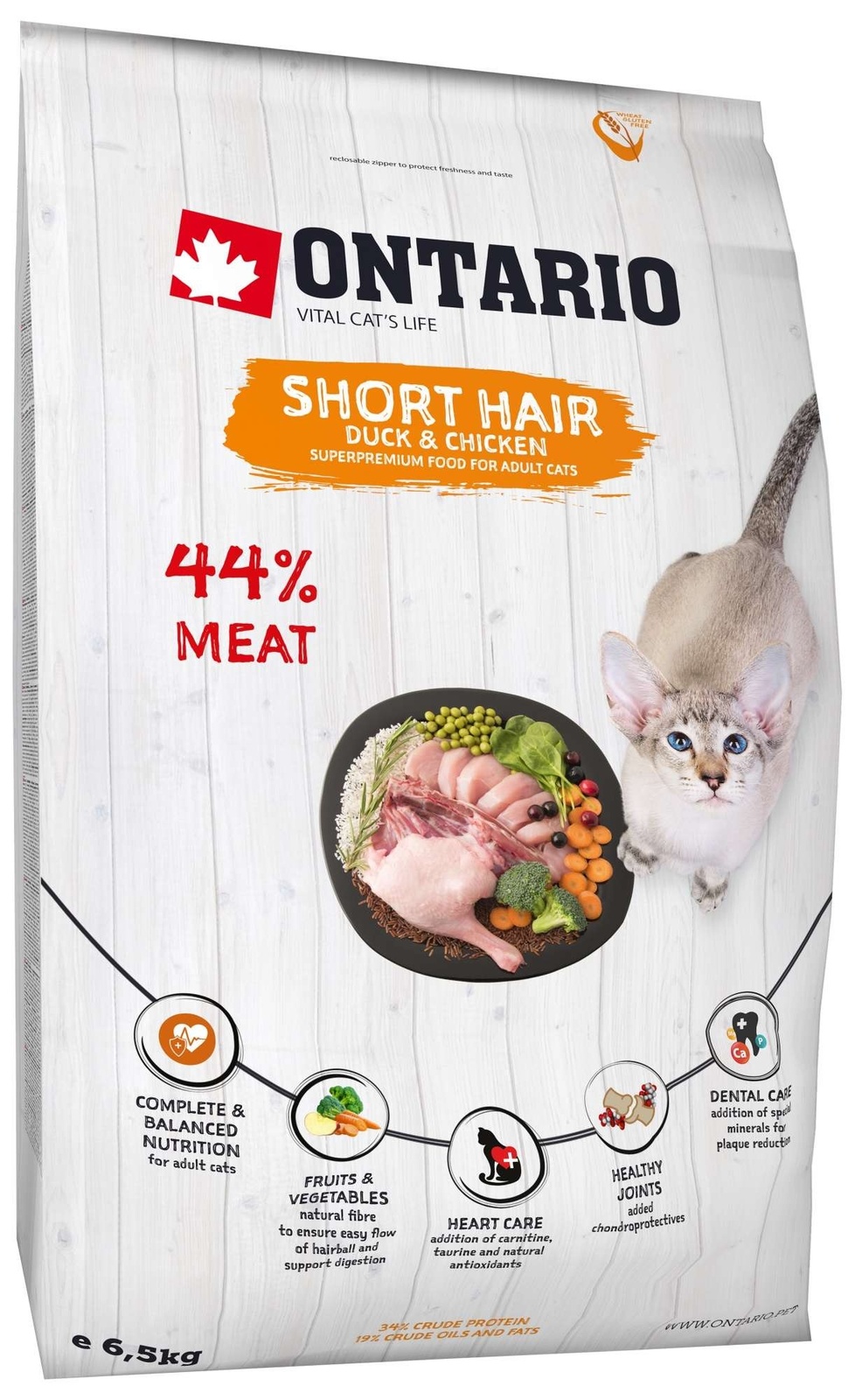 Для короткошерстных кошек, с курицей и уткой (6,5 кг) Ontario Для короткошерстных кошек, с курицей и уткой (6,5 кг) - фото 1