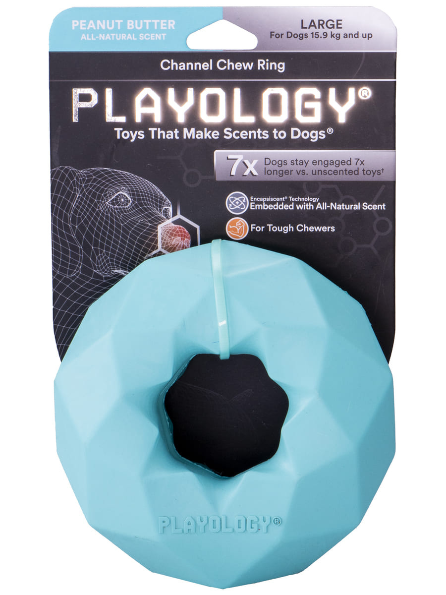 Playology жевательное кольцо-многогранник Playology CHANNEL CHEW RING для собак средних и крупных пород с ароматом арахиса, цвет голубой (265 г)