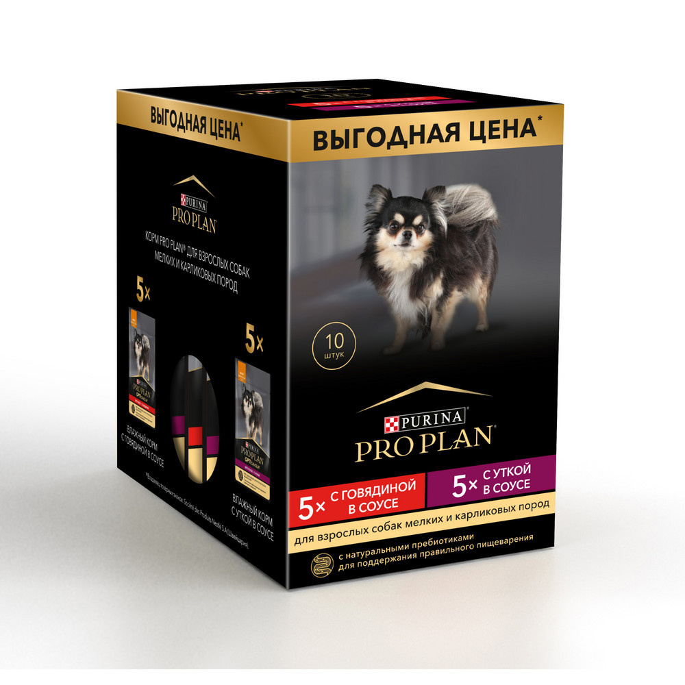 

Purina Pro Plan (паучи) набор паучей для взрослых собак малых пород, 10 шт (утка в соусе, говядина в соусе) (850 г)