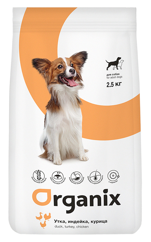 

ORGANIX сухой беззерновой корм для собак, три вида мяса: с уткой, индейкой и курицей (12 кг)