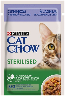 Влажный корм для стерилизованных кошек и кастрированных котов с ягненком и зеленой фасолью в соусе