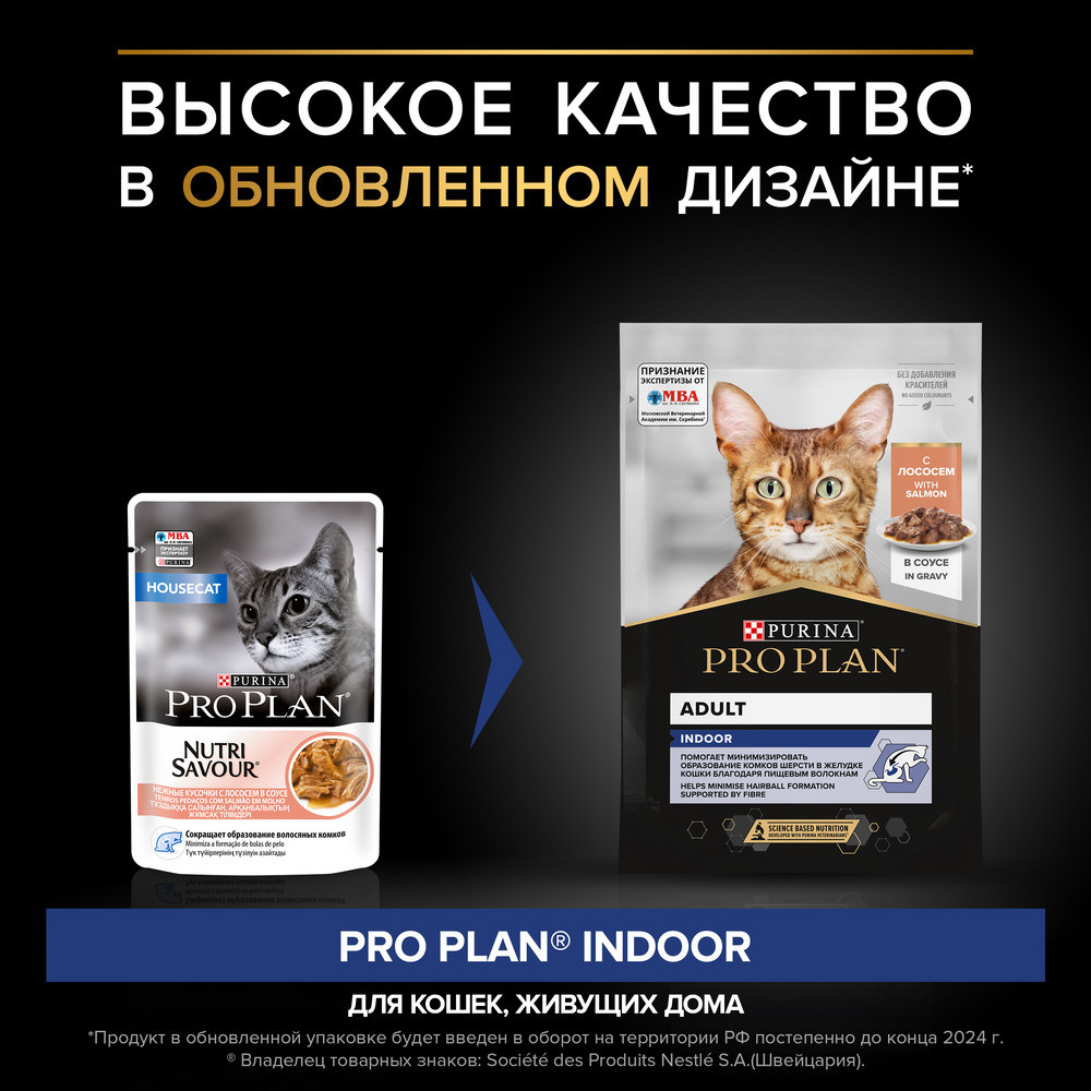 Purina Pro Plan (паучи) влажный корм PRO PLAN® INDOOR для взрослых домашних  кошек с лососем в соусе, House Cat | Petshop.ru