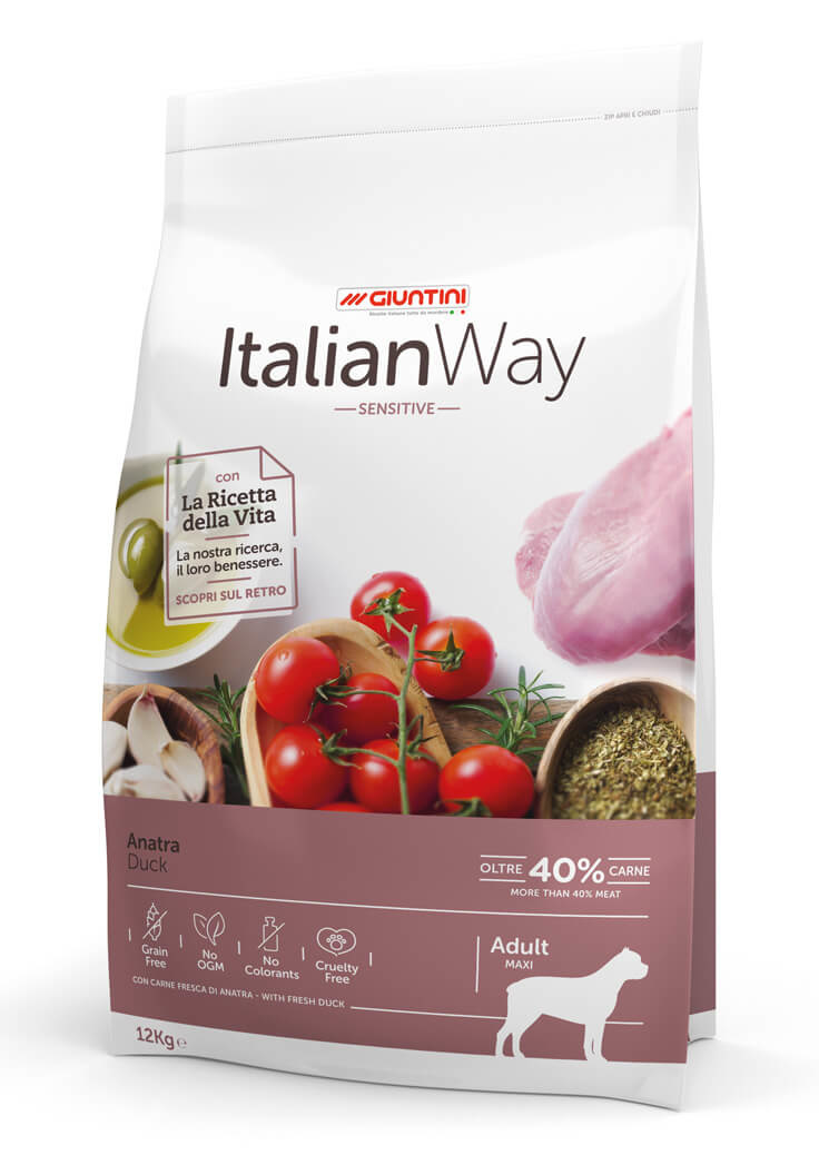 Корм Italian Way беззерновой, для собак крупных пород с чувствительным пищеварением, со свежей уткой (12 кг) Italian Way - фото 1