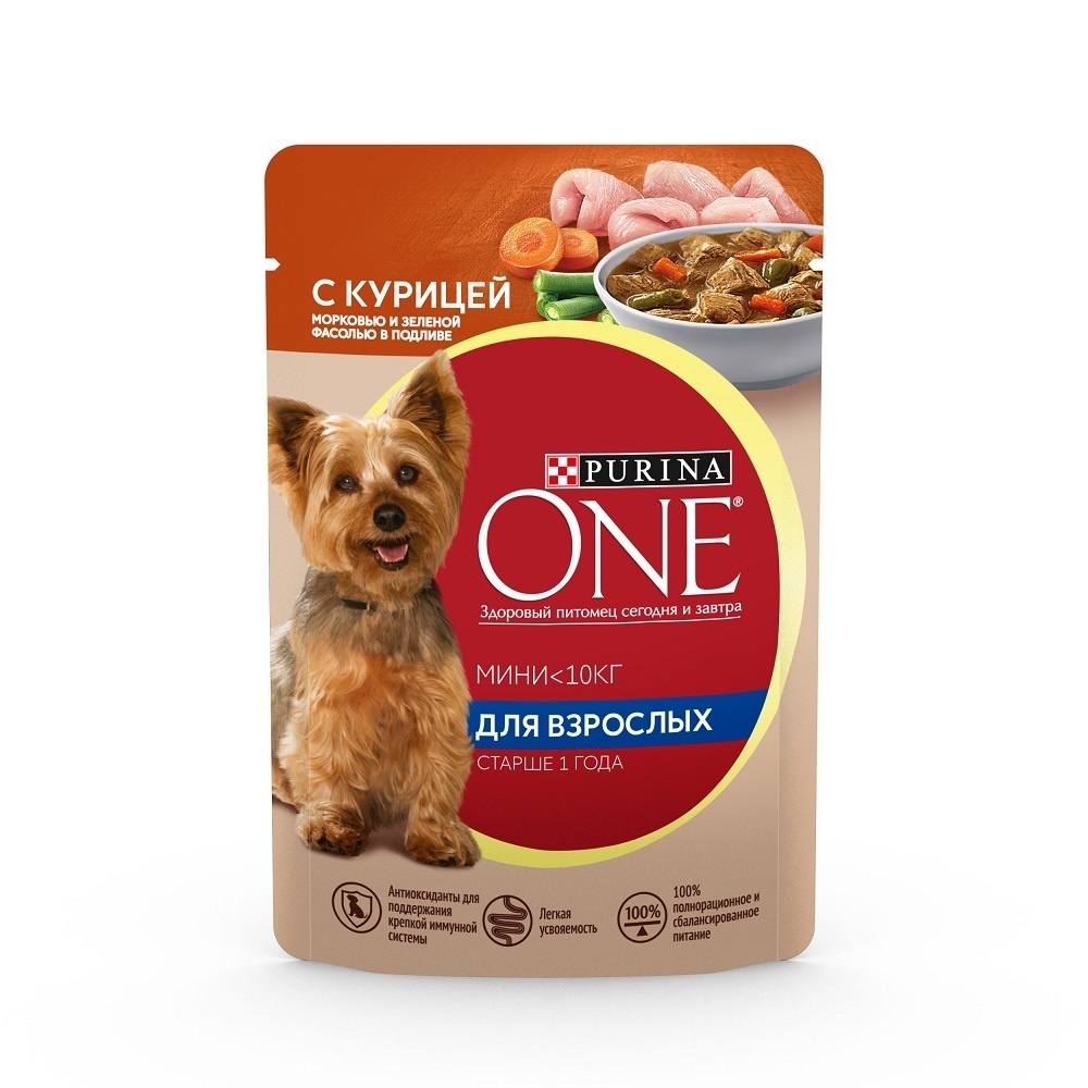 

PURINA ONE взрослая для собак мелких пород старше 1 года, с курицей, морковью и зеленой фасолью в подливе (85 г)