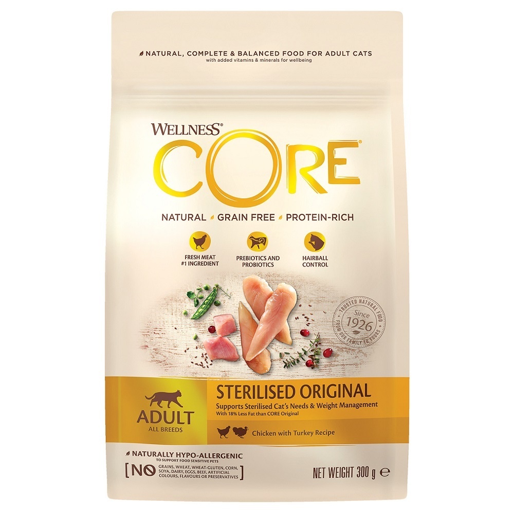 

Wellness CORE сухой корм для стерилизованных кошек и кастрированных котов из курицы с индейкой (300 г)