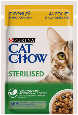 Влажный корм для взрослых стерилизованных кошек и кастрированных котов, с курицей и баклажанами в соусе Cat Chow