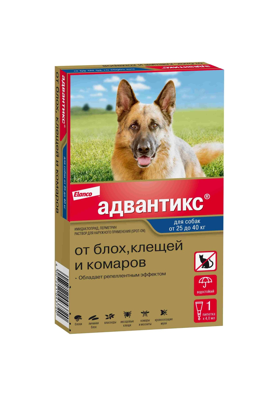 Elanco адвантикс®  для собак от 25 до 40 кг для защиты от блох, иксодовых клещей и летающих насекомых и переносимых ими заболеваний. 1 пипетка в упаковке (1 × 4,0 мл)