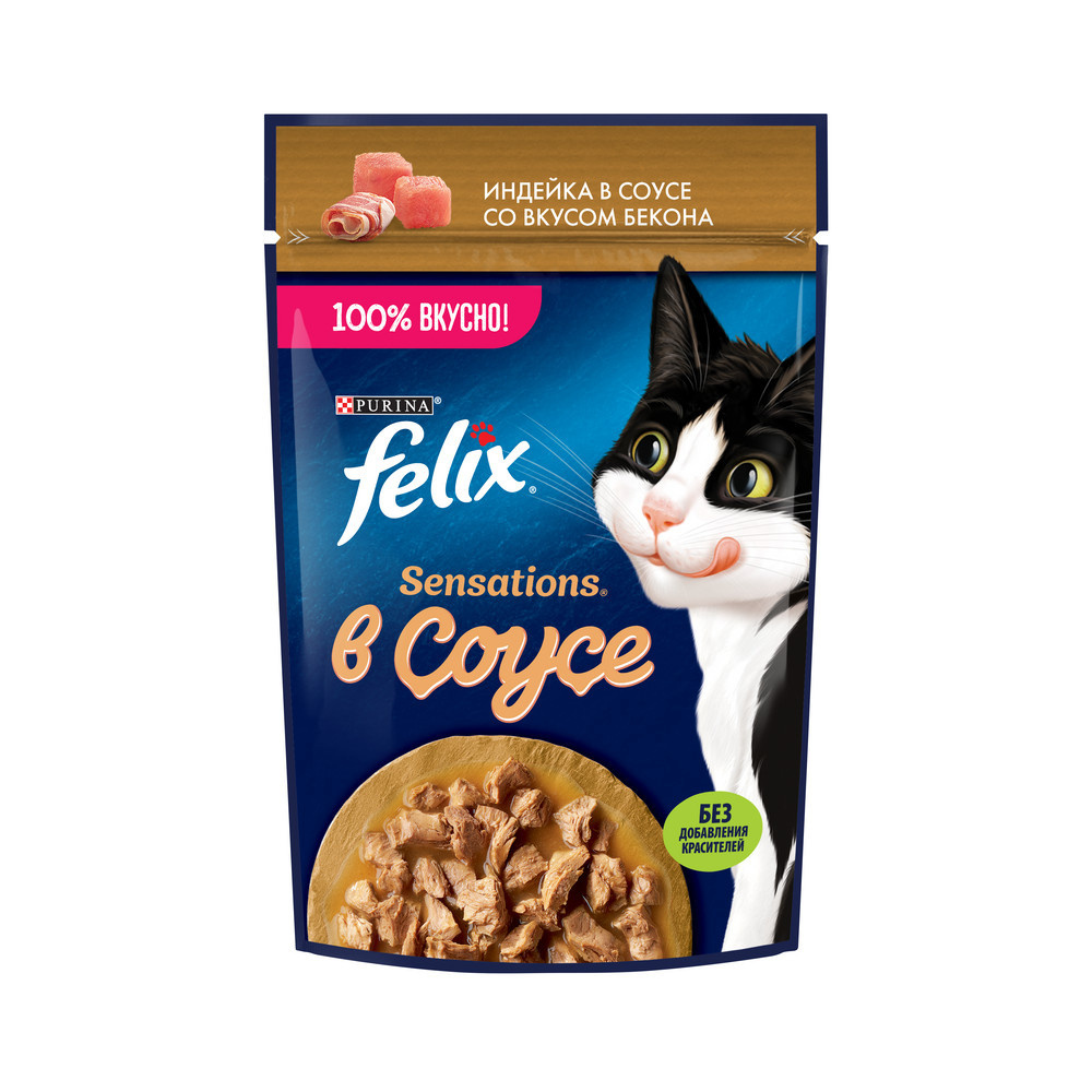 Felix влажный корм для взрослых кошек, с индейкой в соусе со вкусом бекона (85 г) Felix влажный корм для взрослых кошек, с индейкой в соусе со вкусом бекона (85 г) - фото 1