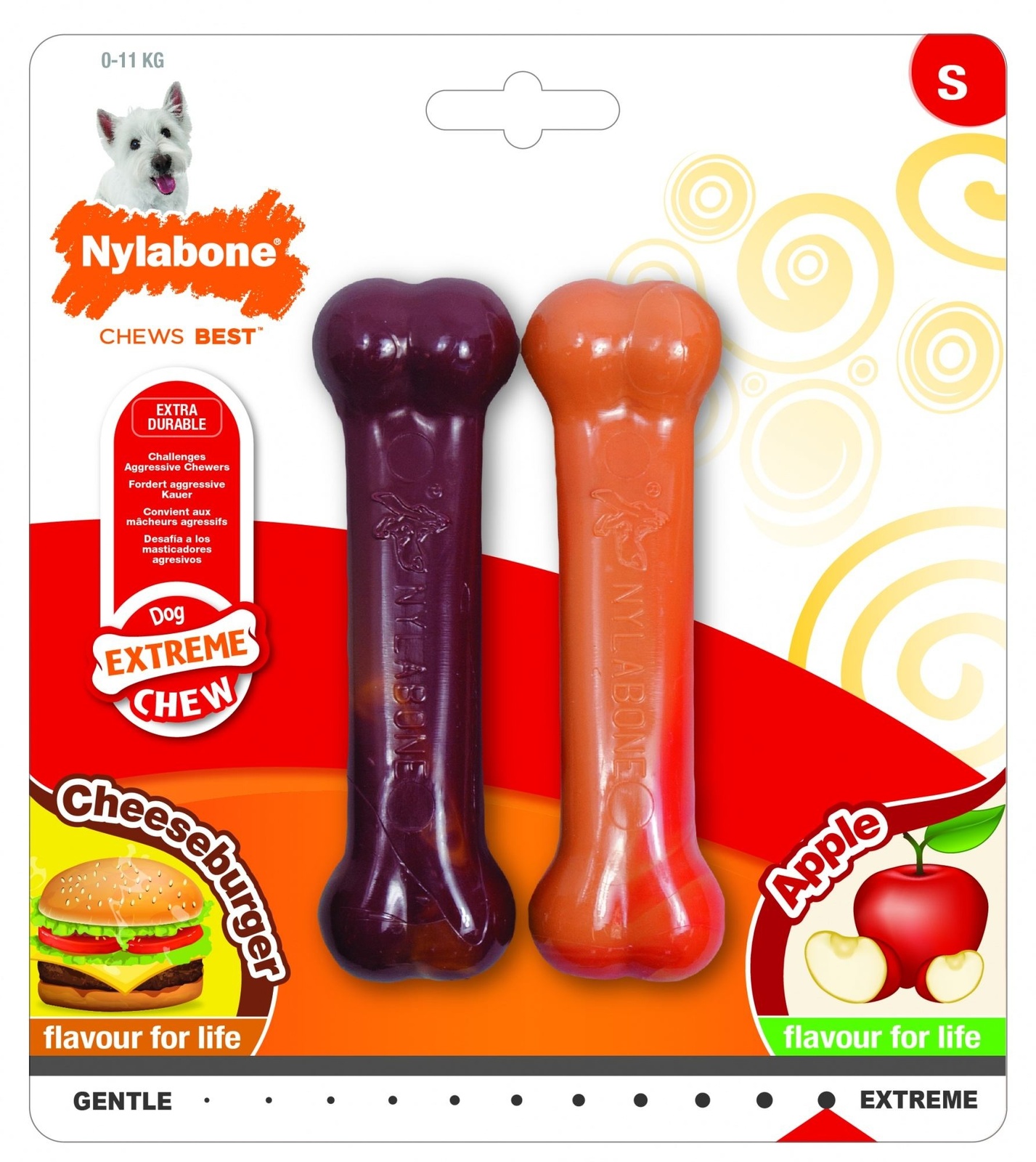 

Nylabone косточка экстра-жесткая (2 шт.: аромат чизбургер/яблоко), S (140 г)