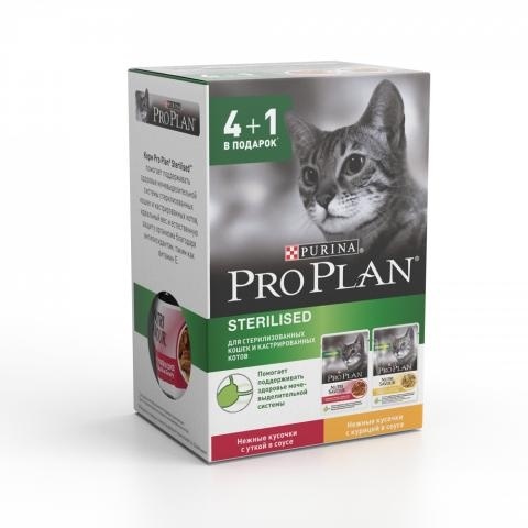 Промо-набор 4+1 кусочки в соусе для стерилизованных кошек, с курой и уткой (425 г) Purina Pro Plan Промо-набор 4+1 кусочки в соусе для стерилизованных кошек, с курой и уткой (425 г) - фото 1