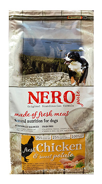 Беззерновой корм для взрослых собак со свежим мясом курицы, бататом  и фруктами Nero Pure