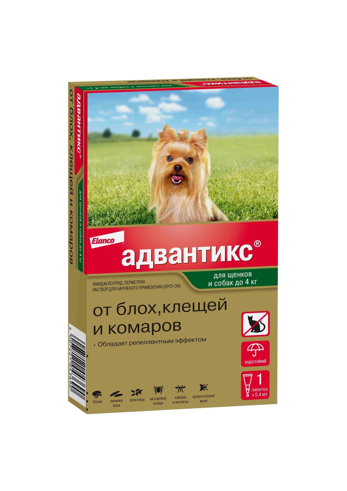 Elanco адвантикс®  для собак весом до 4 кг для защиты от блох, иксодовых клещей, летающих насекомых и переносимых ими заболеваний. 1 пипетка в упаковке (34 г)
