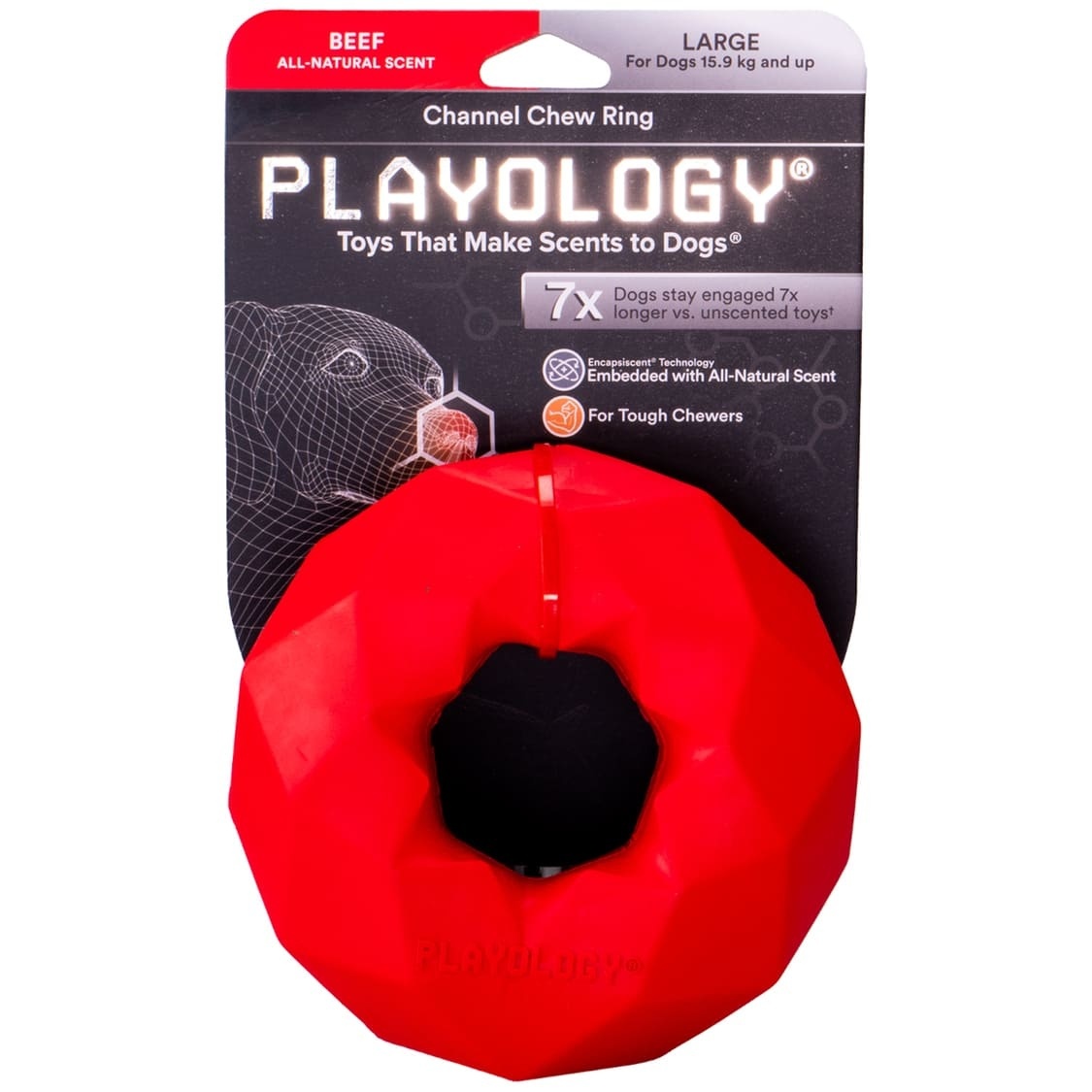 Playology жевательное кольцо-многогранник Playology CHANNEL CHEW RING для собак средних и крупных пород с ароматом говядины, цвет красный (265 г)