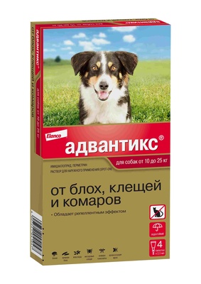 Адвантикс®  для собак от 10 до 25 кг для защиты от блох, иксодовых клещей и летающих насекомых и переносимых ими заболеваний. 4 пипетки в упаковке