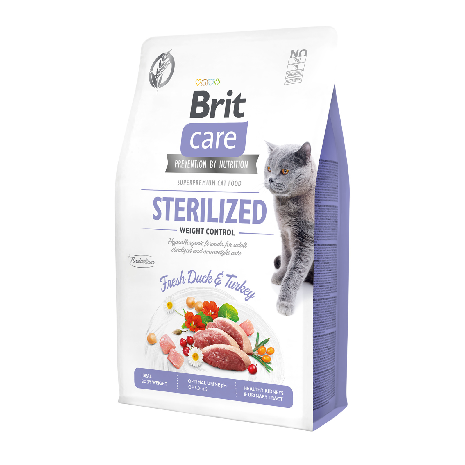 Корм Brit care Контроль веса: гипоаллергенный, со свежим мясом утки и индейки для стерилизованных кошек (7 кг) Brit - фото 1