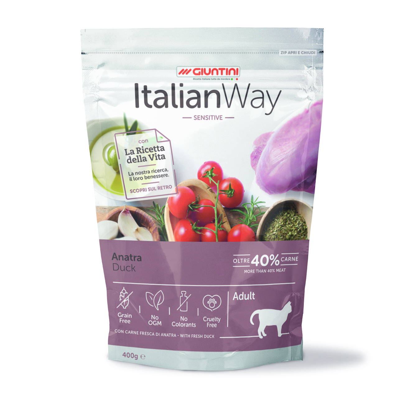 Корм Italian Way беззерновой, для кошек с чувствительным пищеварением, со свежей уткой (1,5 кг)