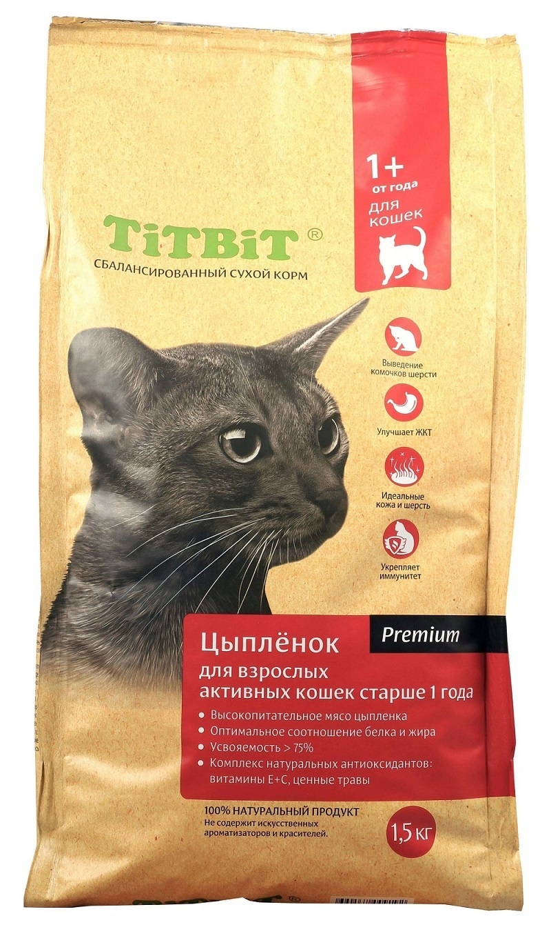Корм TiTBiT для взрослых активных кошек с цыпленком (1,5 кг) Корм TiTBiT для взрослых активных кошек с цыпленком (1,5 кг) - фото 1