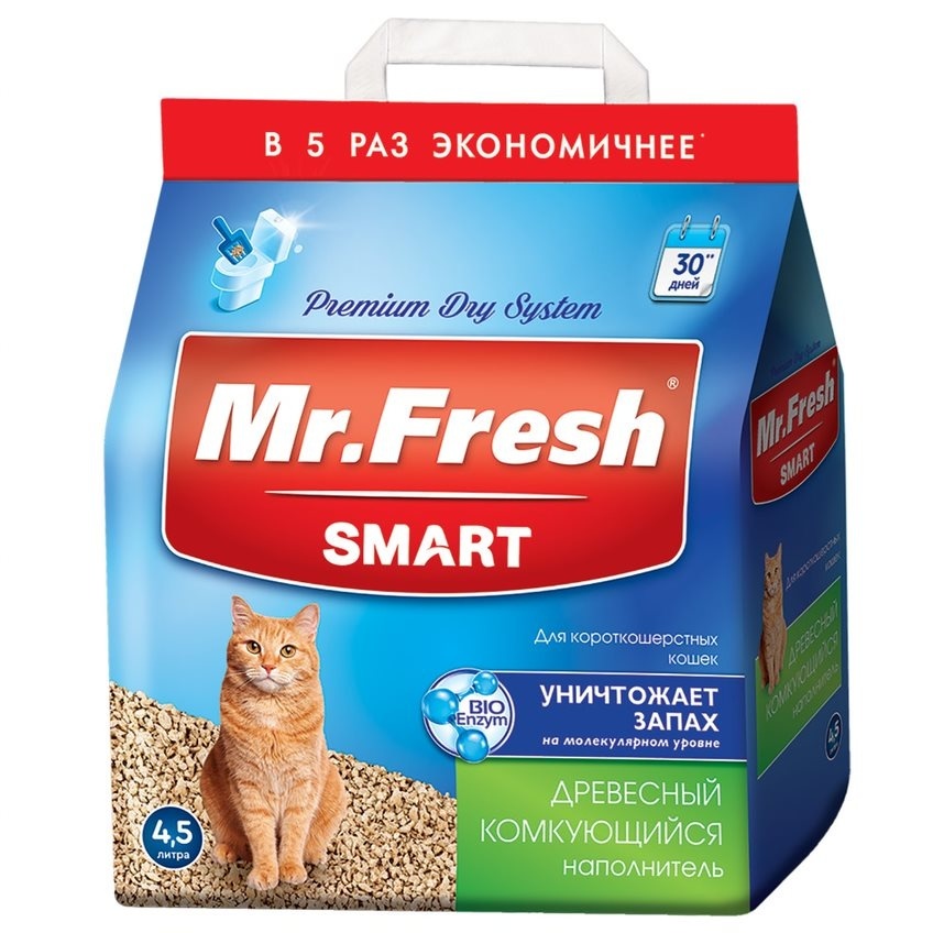 Mr.Fresh комкующийся древесный наполнитель для короткошерстных кошек (4,2 кг)