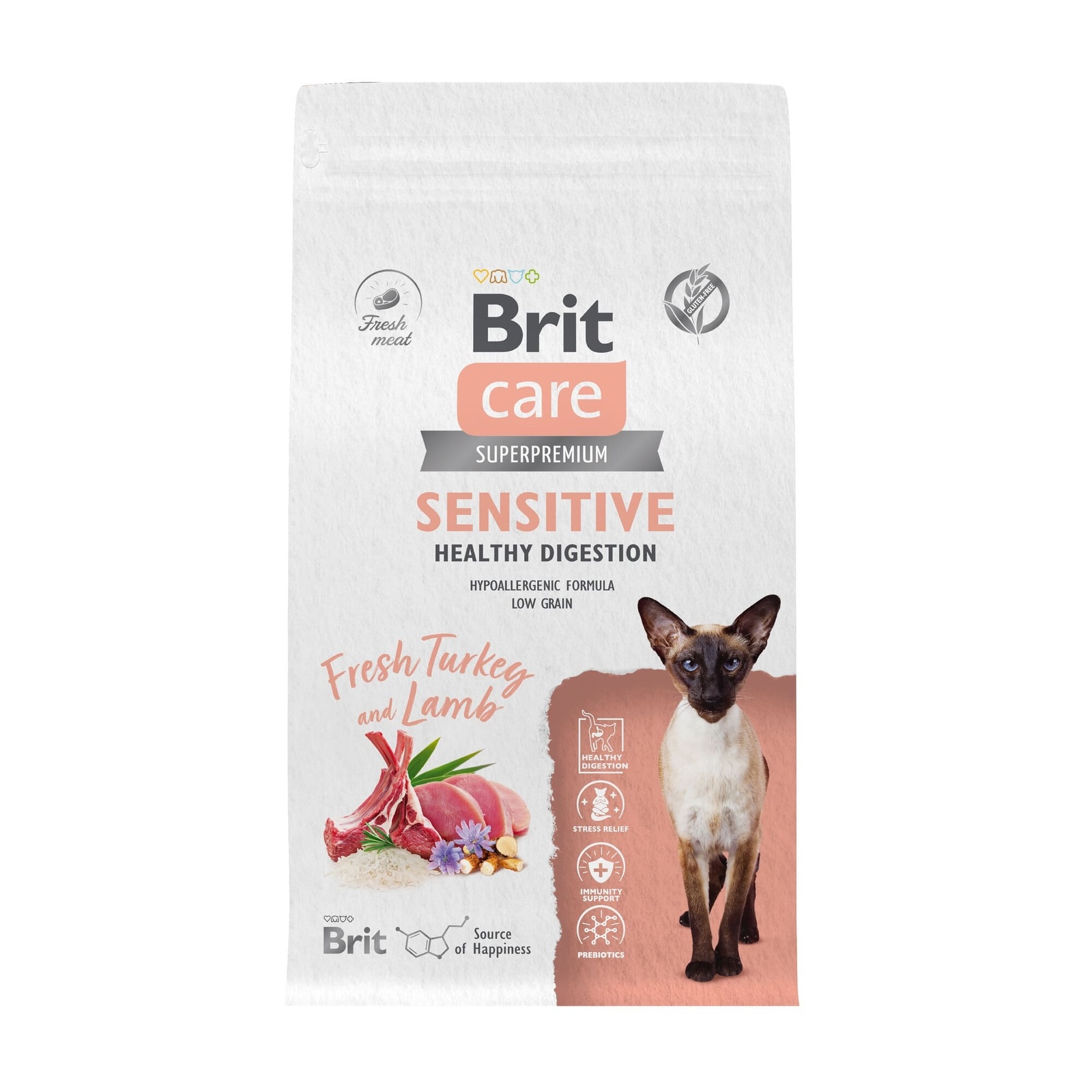 Brit Care сухой корм с индейкой и ягненком для взрослых кошек с чувствительным пищеварением (1,5 кг)