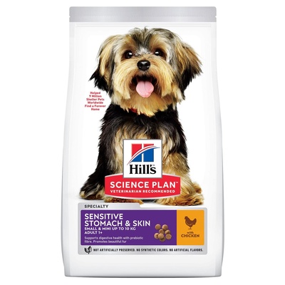 Корм Hills Science Plan сухой корм для взрослых собак мелких пород с  чувствительной кожей и/ или пищеварением, с курицей, Sensitive Stomach &  Skin | Petshop.ru