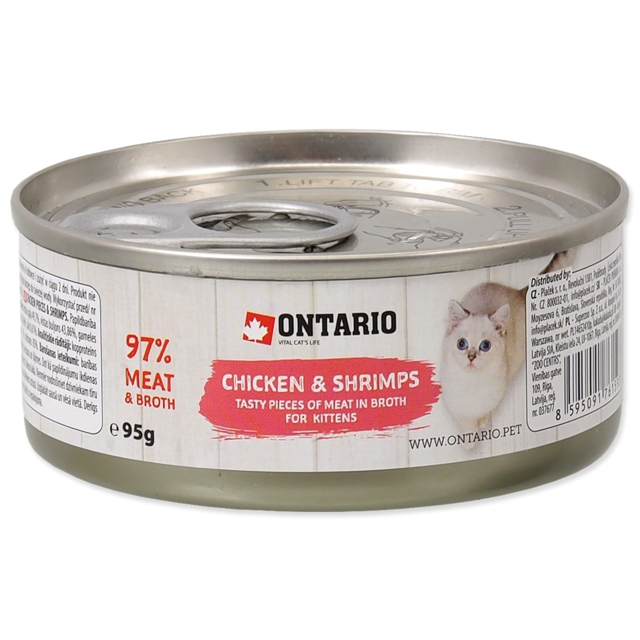 

Ontario (консервы, лакомства) консервы для котят кусочки цыпленка и креветки (95 г)