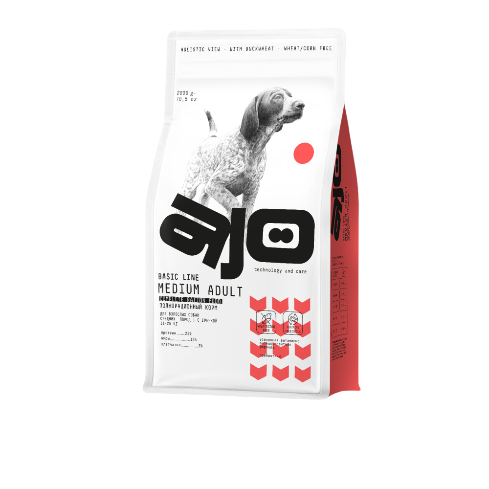 AJO полнорационный сухой  корм с гречкой для взрослых собак средних пород (12 кг)