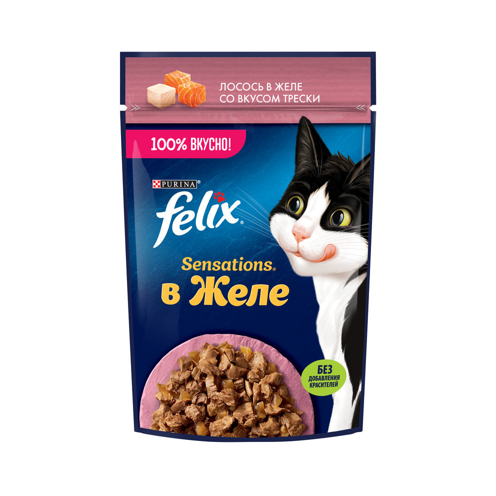 Felix влажный корм  для взрослых кошек, с лососем в желе с добавлением трески (75 г) Felix влажный корм  для взрослых кошек, с лососем в желе с добавлением трески (75 г) - фото 1