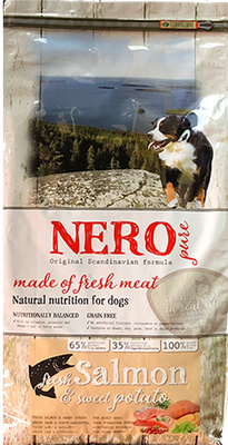 Беззерновой корм для взрослых собак со свежим лососем, бататом и фруктами Nero Pure