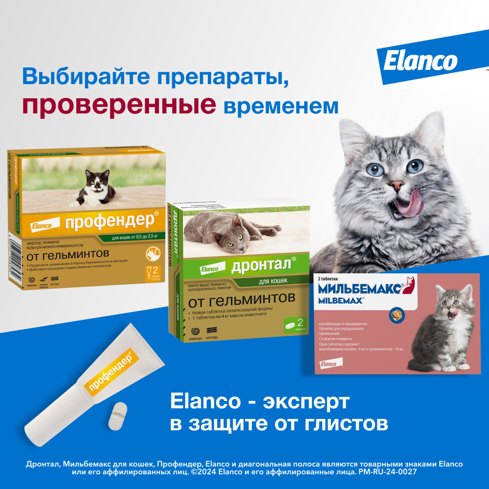 Elanco капли на холку Профендер® от гельминтов для кошек от 0,5 до 2,5 кг –  2 пипетки, глистогонное, ghjatylth | Petshop.ru