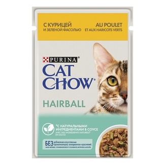 Влажный корм для взрослых кошек для контроля образования комков шерсти, с курицей и зеленой фасолью в соусе Cat Chow