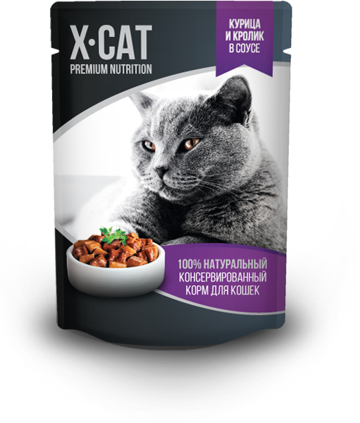 X-CAT влажный корм c курицей и кроликом в соусе для кошек (85 г)