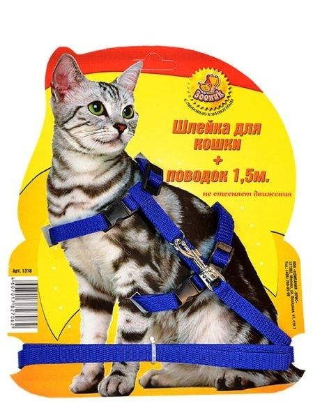 Зооник шлейка с поводком для кошек, 1,5 м, синяя (50 г)