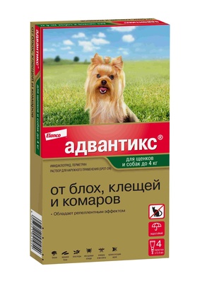 Адвантикс®  для собак весом до 4 кг для защиты от блох, иксодовых клещей и летающих насекомых и переносимых ими заболеваний. 4 пипетки в упаковке