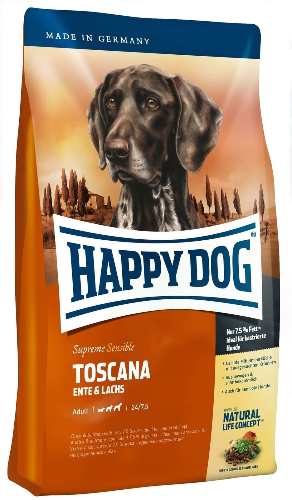 

Корм Happy dog для собак с уткой и лососем "Тоскана" (12,5 кг)