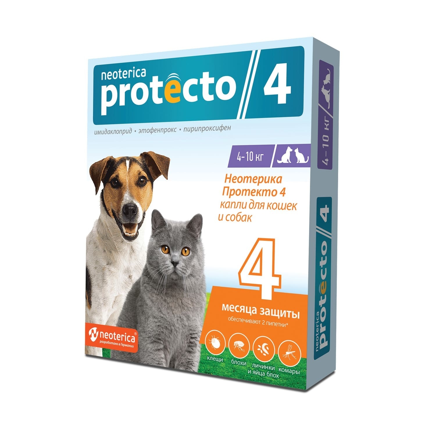 Neoterica Protecto капли от блох и клещей для кошек и собак 4-10 кг, 2 шт (57 г)