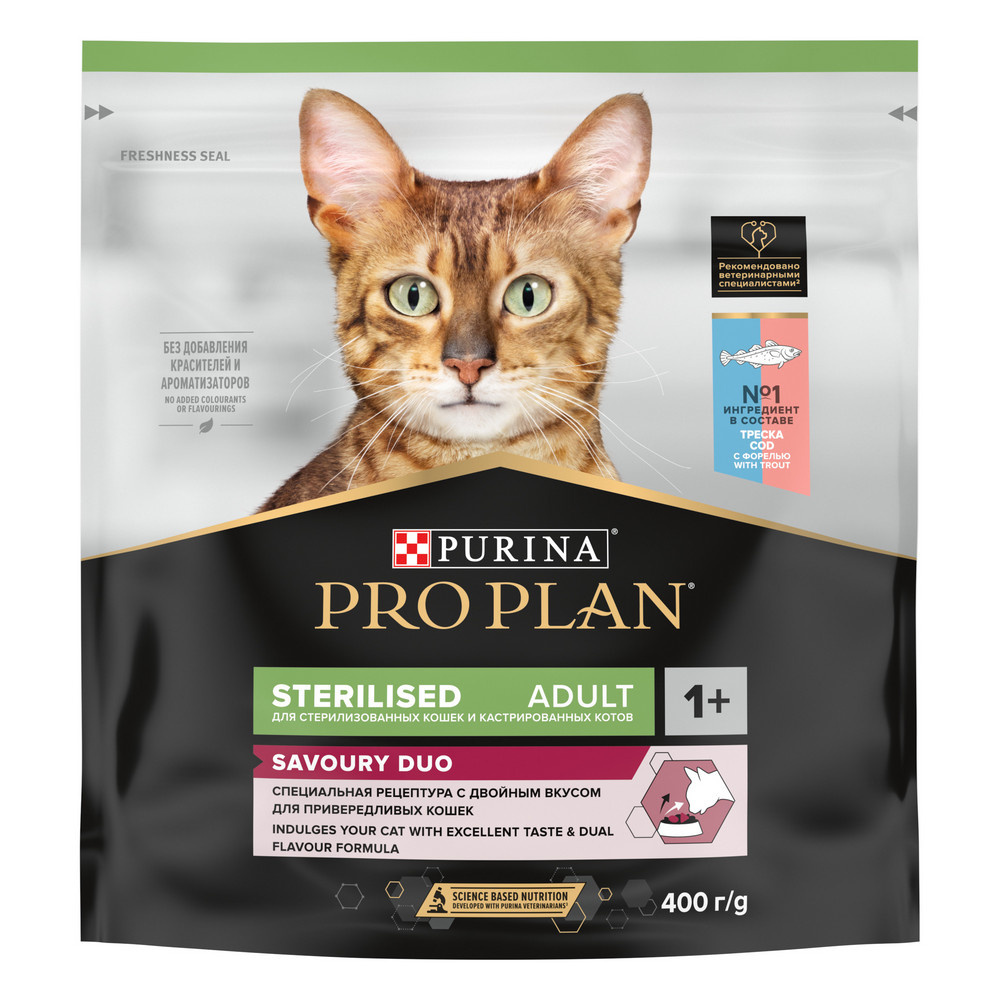 Корм Purina Pro Plan для стерилизованных кошек и кастрированных котов, с высоким содержанием трески и c форелью (400 г) - фото 1