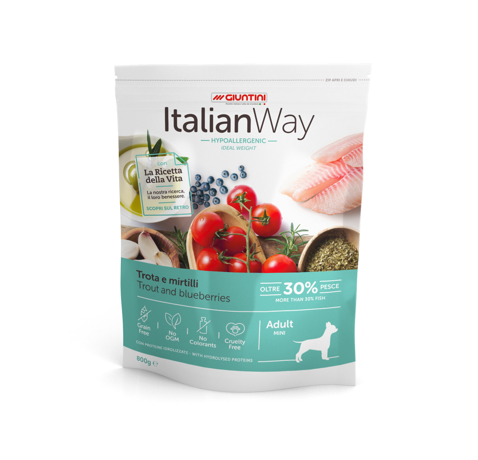 беззерновой, для собак малых пород, со свежей форелью и черникой, контроль веса и профилактика аллергии (800 г) Italian Way - фото 1
