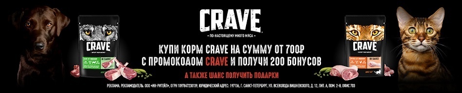 200 бонусов на счет при покупке кормов Crave!