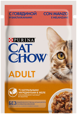 Паучи для кошек: кусочки в желе с говядиной и баклажанами Cat Chow