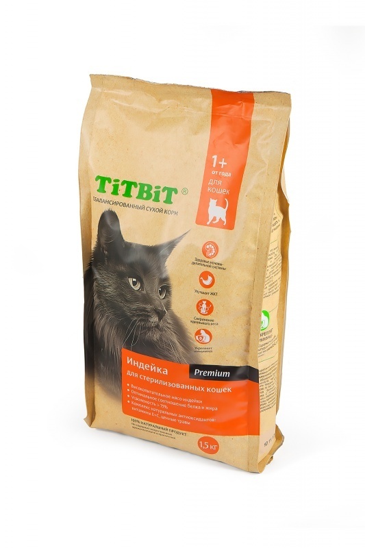Корм TiTBiT для стерилизованных кошек с  индейкой (1,5 кг) Корм TiTBiT для стерилизованных кошек с  индейкой (1,5 кг) - фото 1